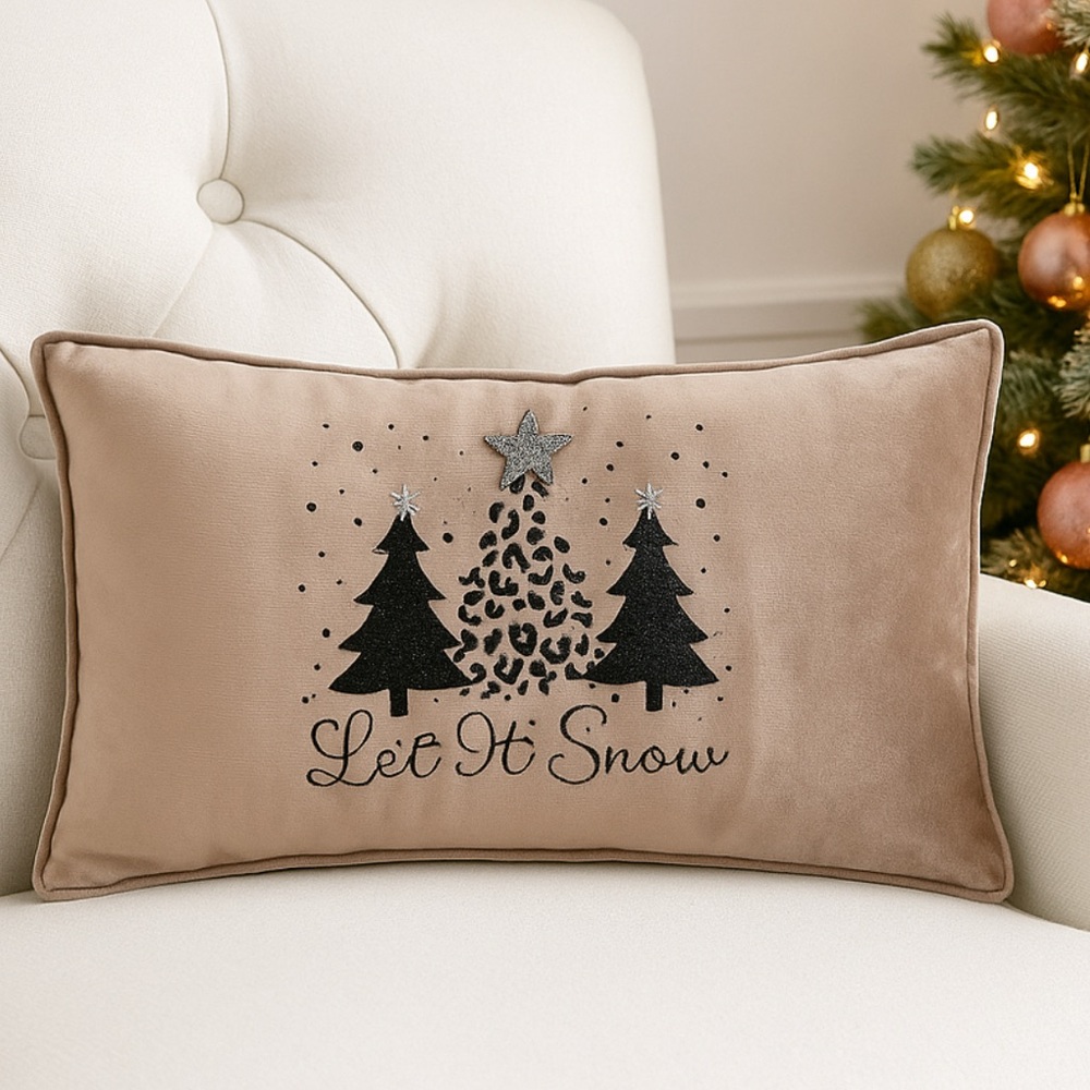 Let It Snow Leopard Tree Christmas Pillow – Luxury Pink Champagne Velvet Accent